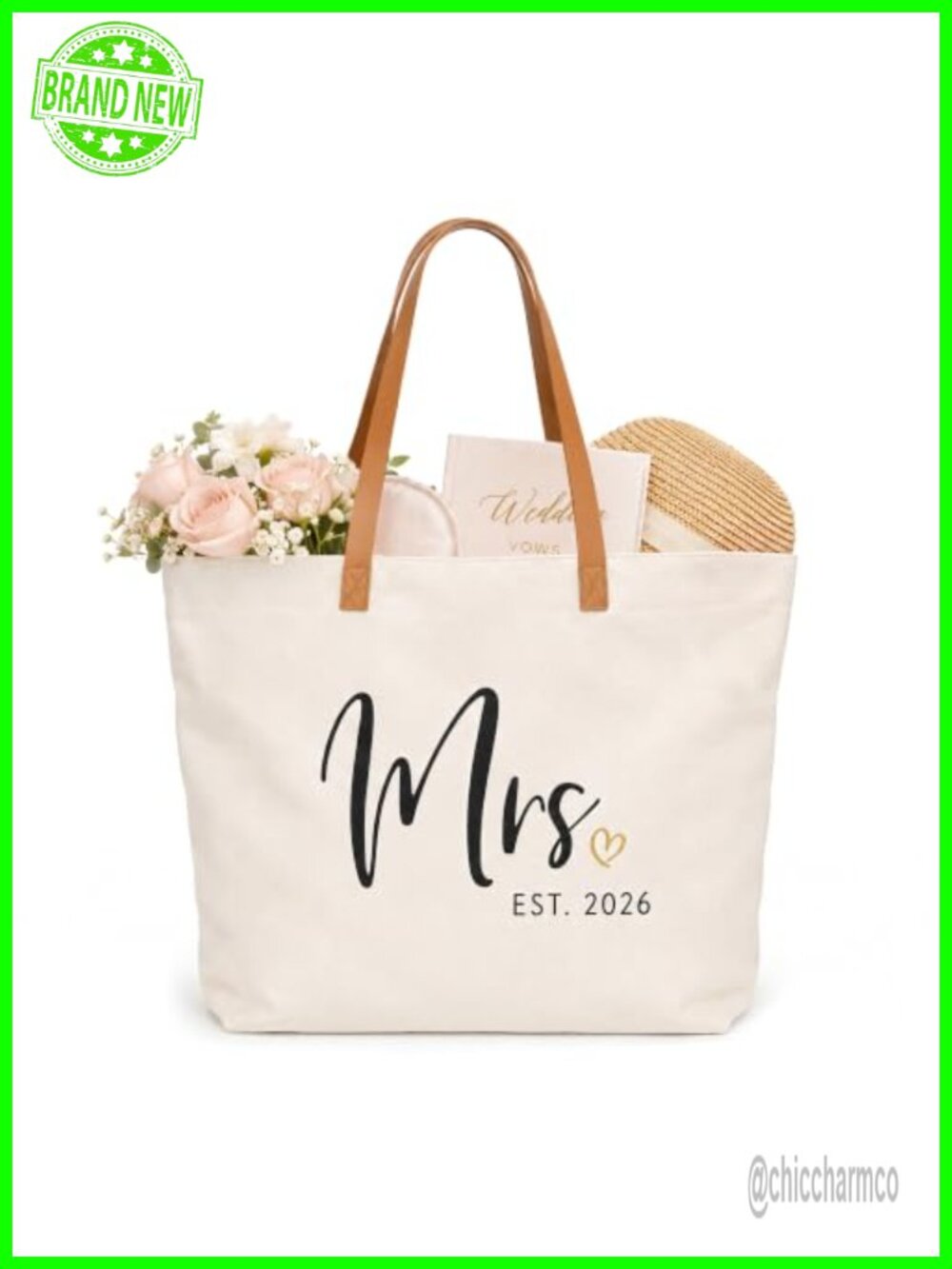 Bridal Shower Tote Bag with Zipper Mrs Est 2026 Faux Leather Handles Canvas